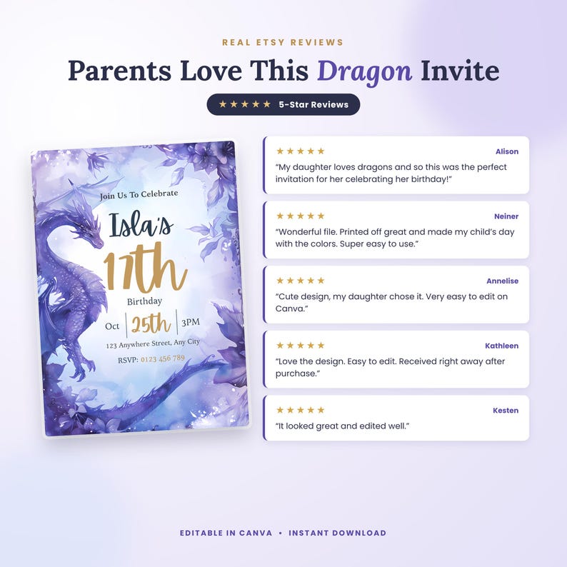 Five star reviews from parents for this purple dragon birthday invitation, easy to edit in Canva, printed beautifully, daughter loved the dragon