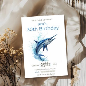 Fishing themed birthday invitation for men with marlin artwork, ocean party invite for milestone birthdays