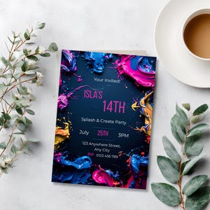 Art birthday party invitation template with neon paint splashes on dark navy background, editable Canva paint party invite for teen birthday