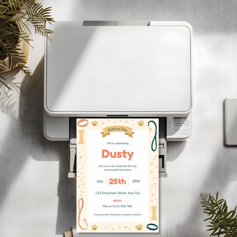 Dog Gotcha Day invitation printing at home on an inkjet printer, easy DIY printable