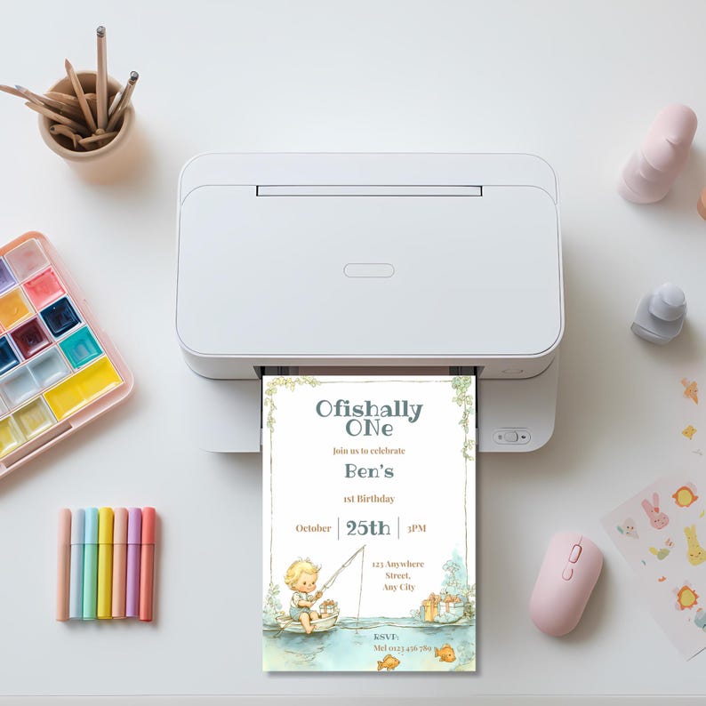 Printed Ofishally One birthday invitation coming out of a printer, watercolor first birthday fishing party invite with matching thank you card
