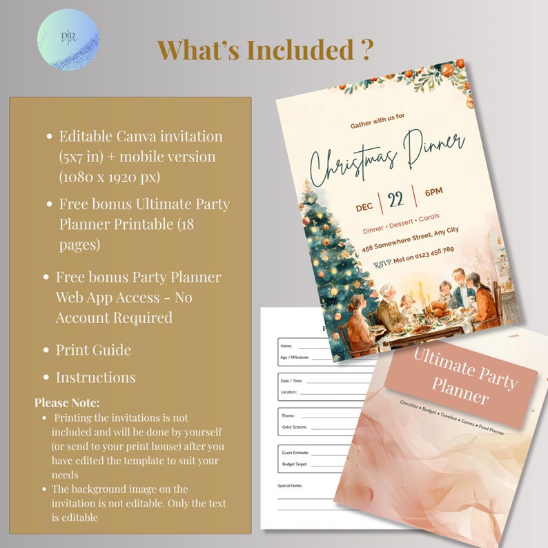 What's included: editable Canva Christmas dinner invitation in 5x7 and 1080x1920 phone sizes, free printable party planner, free party planner web app, print guide and instructions