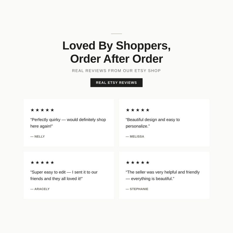 Customer reviews for Etsy shop invitations, five-star ratings from real buyers