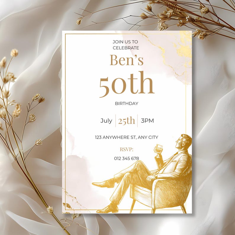 Elegant mens birthday invitation with gold sketch illustration of a man holding a drink while seated in a modern armchair, minimalist luxury design