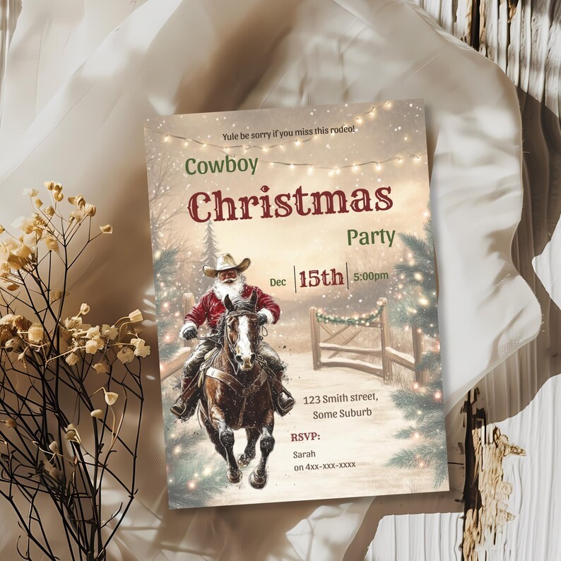 Cowboy Christmas party invitation styled with dried gold botanicals, a rustic Santa on horseback design perfect for a western holiday hoedown.