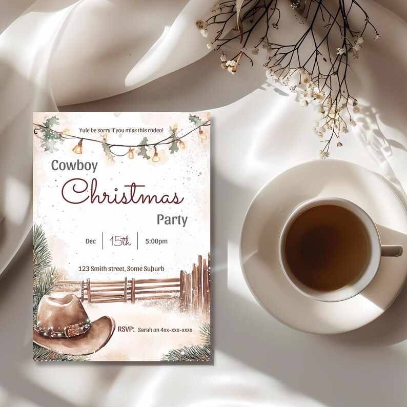 May include: A rectangular invitation card featuring a watercolour illustration of a brown cowboy hat, a wooden fence, pine branches, and string lights. The text reads Cowboy Christmas Party, Dec 15th, 5:00pm, 123 Smith street, Some Suburb, and RSVP: Sarah on 4xxx-xxx-xxxx.