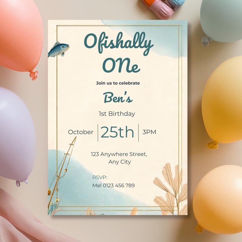 Neutral coastal Ofishally One birthday invitation template featuring soft pastel tones and fishing themed elements