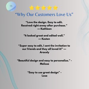 Five star customer reviews for pastel floral girls birthday invitation Canva template, easy to edit and personalize digital download