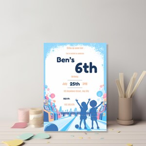 Colorful 6th birthday bowling and arcade invitation showing two children celebrating at the lane