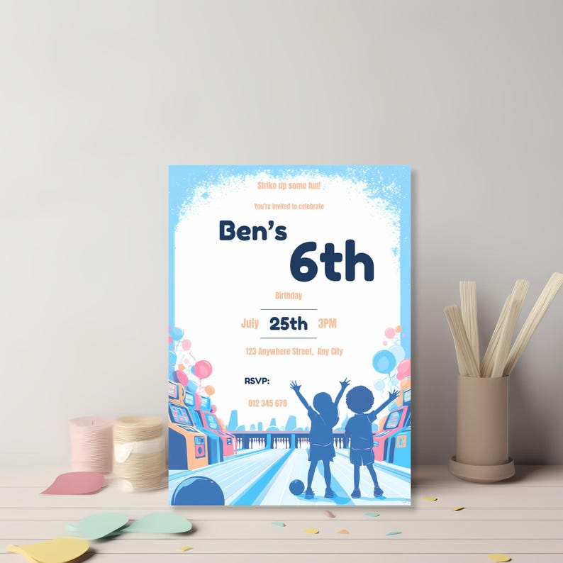Colorful 6th birthday bowling and arcade invitation showing two children celebrating at the lane