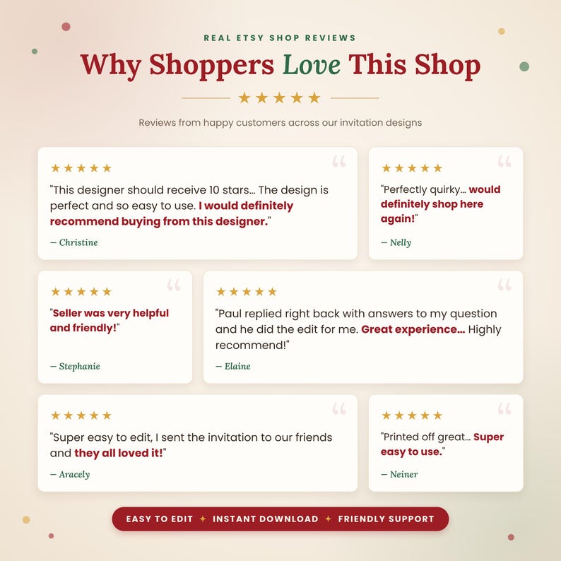 Real five-star Etsy reviews for PR Creative Digital invitations, praising easy editing, beautiful designs and friendly support