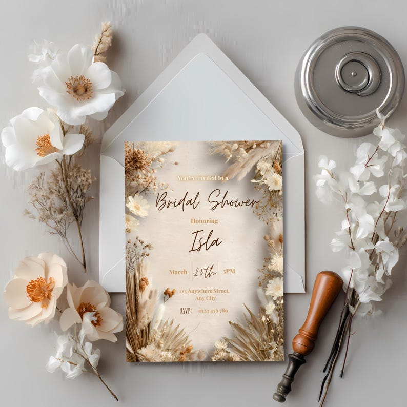 Boho pampas bridal shower invitation template featuring neutral beige tones and dried floral design, fully editable Canva template