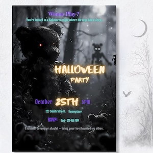 Spooky Halloween party invite mockup — dark aesthetic goth design, glowing bear eyes, eerie gothic forest, editable digital download