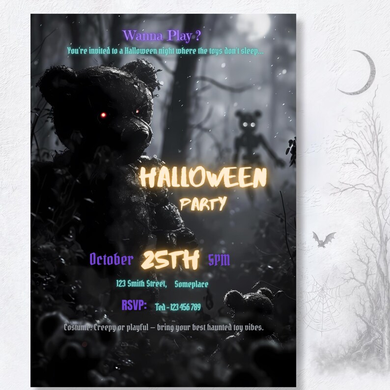 Spooky Halloween party invite mockup — dark aesthetic goth design, glowing bear eyes, eerie gothic forest, editable digital download