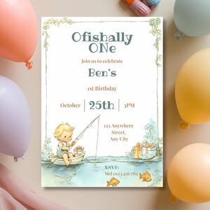Close-up of Ofishally One birthday invitation with soft watercolor fishing boat illustration and editable first birthday party details