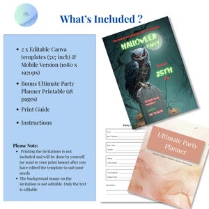 What's included: 2 editable Canva templates 5x7 and mobile 1080x1920, bonus 18-page party planner printable, print guide and instructions