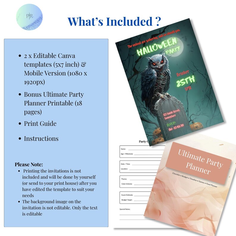 What's included: 2 editable Canva templates 5x7 and mobile 1080x1920, bonus 18-page party planner printable, print guide and instructions