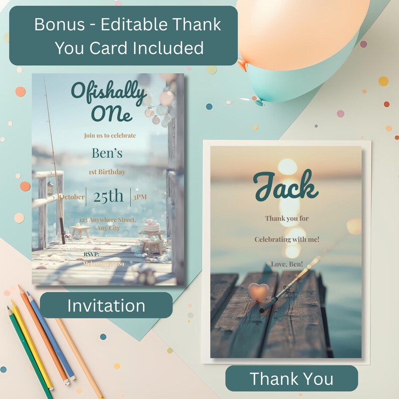 Coordinated set of fishing-themed 1st birthday invitation and matching thank you card displayed together showing cohesive “Ofishally One” design.