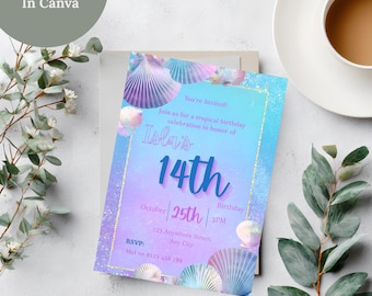Teen Girl Coastal Birthday Invitation, Pastel Beach Party Invite, Seashell Ocean Theme, Editable Canva Template