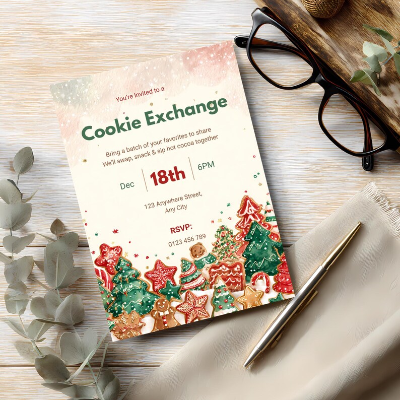 Cookie Exchange invitation styled on a wooden desk with glasses, a pen, and eucalyptus leaves