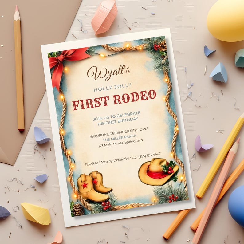 Printed Holly Jolly First Rodeo invitation on a desk with colored pencils, showing the dusty blue, tan and barn red cowboy Christmas design