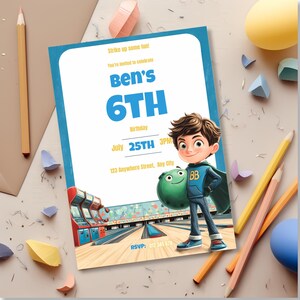 Close up of bowling birthday invitation showing superhero birthday boy design with arcade machines and bowling lanes editable Canva template