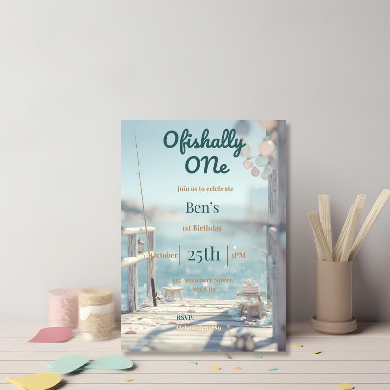 Editable Canva invitation template shown on screen demonstrating customisable “Ofishally One” fishing first birthday design.