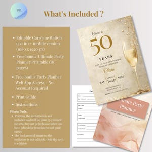 What’s included: editable Canva 5x7 invitation and 1080x1920 mobile version, free 18-page printable party planner, free party planner web app, print guide and instructions