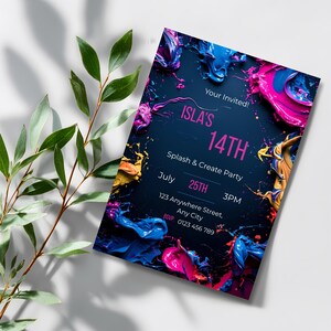 Teen art birthday party invitation template featuring bold paint splashes and dark background, editable Canva splash and create party invite