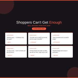 May include: A dark background graphic featuring the text Shoppers Can't Get Enough and Real Reviews From Our Shop. It displays six white rectangular boxes, each containing five red stars and customer testimonials from Nelly, Stephanie, Etsy Buyer, Aracely, Neiner, and Melissa.