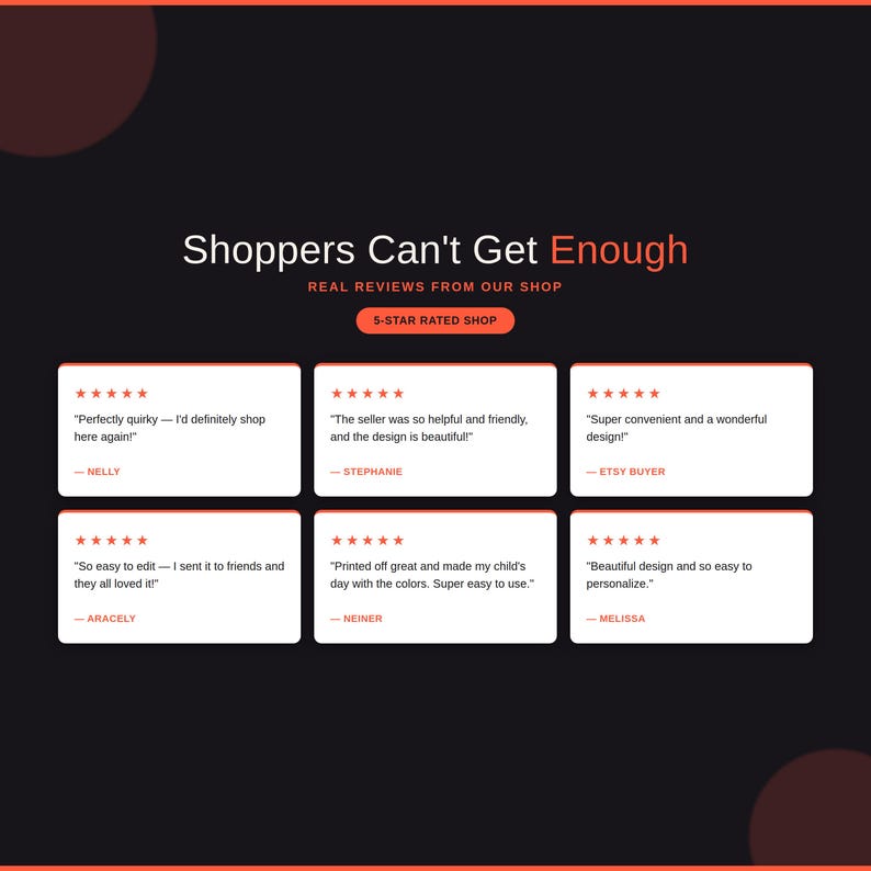 May include: A dark background graphic featuring the text Shoppers Can't Get Enough and Real Reviews From Our Shop. It displays six white rectangular boxes, each containing five red stars and customer testimonials from Nelly, Stephanie, Etsy Buyer, Aracely, Neiner, and Melissa.