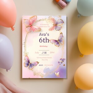 butterfly birthday invitation template editable in canva pink purple pastel butterfly party invite for girls birthday