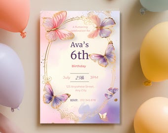 Editable Butterfly Birthday Invitation Template, Girl Butterfly Party Invite, Pink Purple Pastel Birthday Invite, Canva 5x7 Instant Download