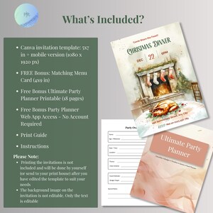What’s included: editable Canva Christmas dinner party invitation in 5x7 and phone sizes, free matching menu card, free 18-page party planner, free planner web app, print guide and instructions