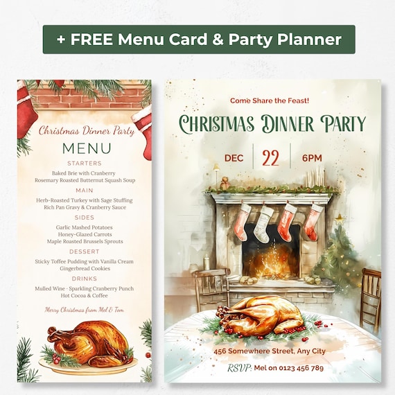 Christmas Dinner Party Invitation + Free Menu Card