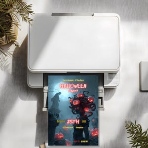 Printable Halloween party invitation printing at home, Medusa horror design, editable Canva template 5x7 inch instant digital download