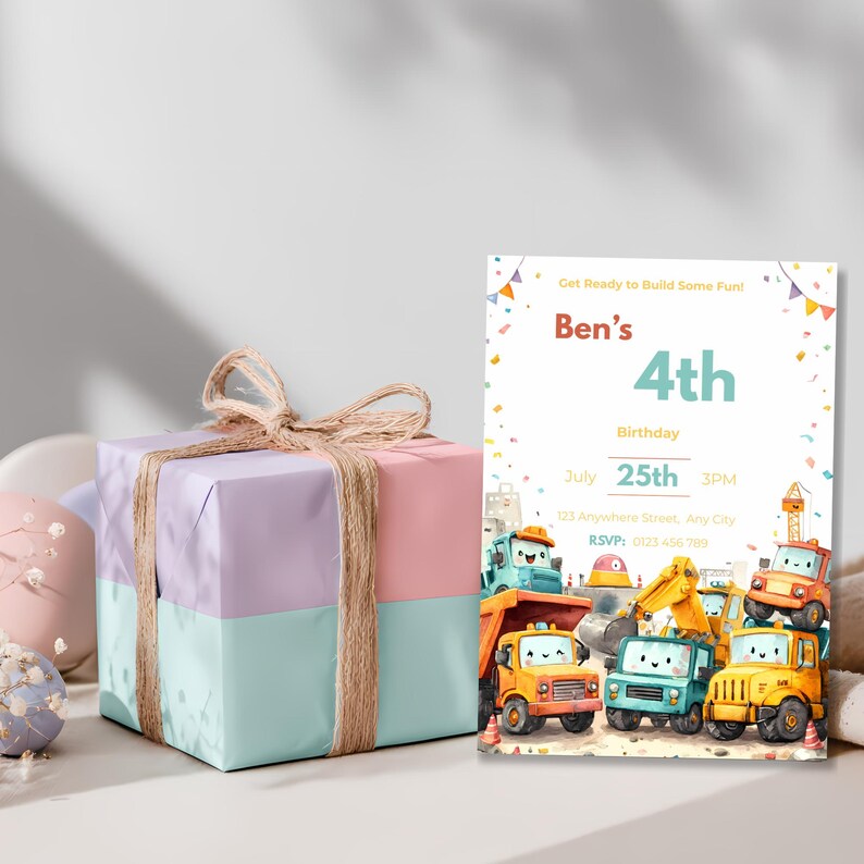 Colorful construction party invitation with fun trucks, blank center for name, age, date, and RSVP details.