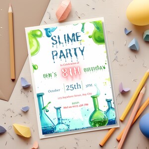 Slime party invitation styled with pencils and a paint palette, mad scientist birthday invite for kids
