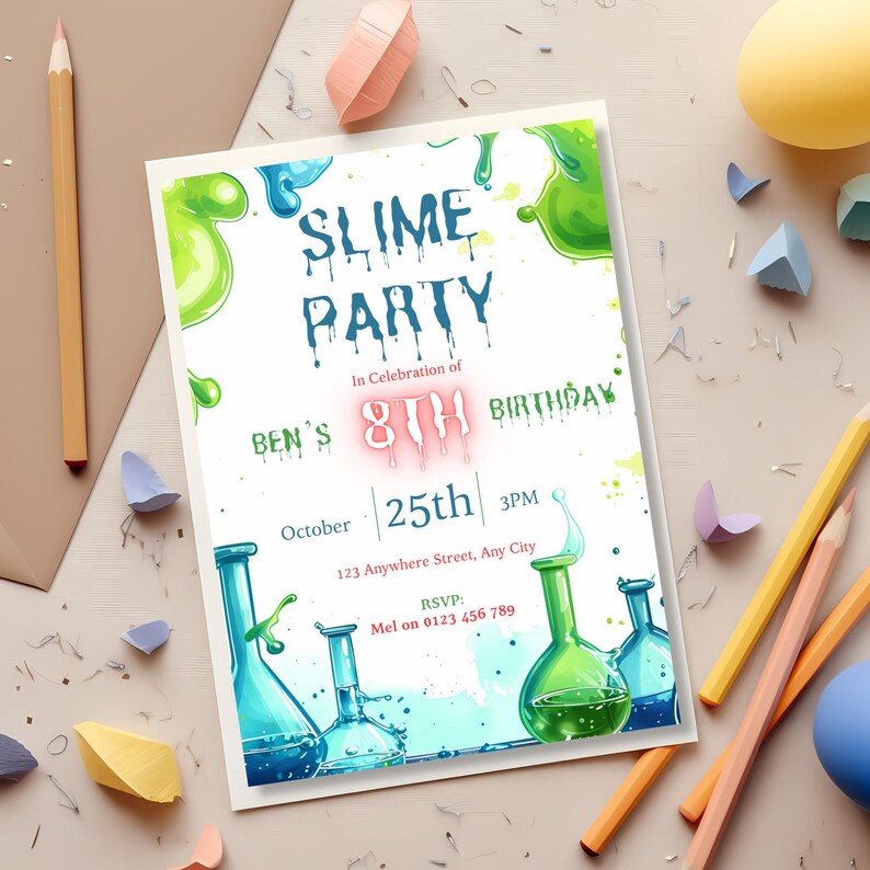 Slime party invitation styled with pencils and a paint palette, mad scientist birthday invite for kids