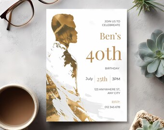 Elegant Birthday Invitation for Men, White and Gold Luxury Invite, Editable Canva Template, Minimalist Modern Party Invitation
