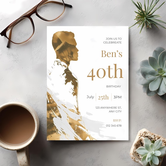 Modern White & Gold Men's Birthday Invitation