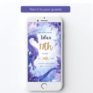 Dragon birthday evite on a phone, purple watercolor dragon invitation in 1080x1920 mobile size, ready to text to guests, editable in Canva