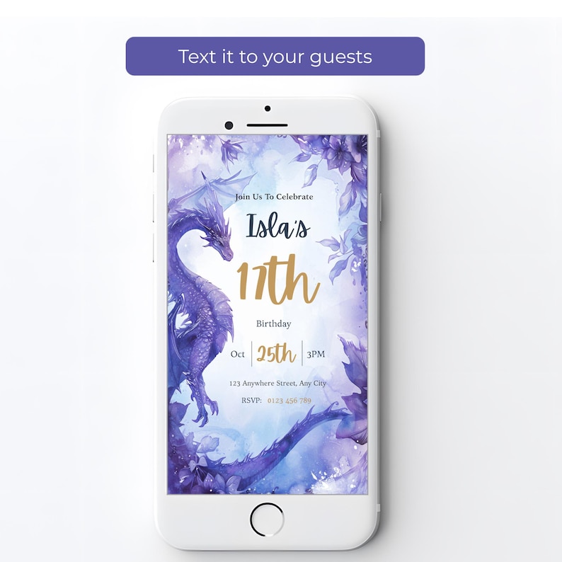 Elegant purple dragon birthday invitation for a teen girl