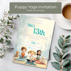 Puppy yoga 13th birthday invitation featuring three kids doing yoga with puppies, aesthetic Canva invite