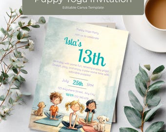 13th Birthday Invite Puppy Yoga Editable Canva Template, Teen Girl Birthday Invitation, Aesthetic Party Invite, Printable 5x7