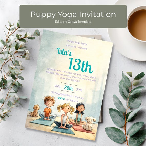 Aesthetic Puppy Yoga 13th Birthday Invitation