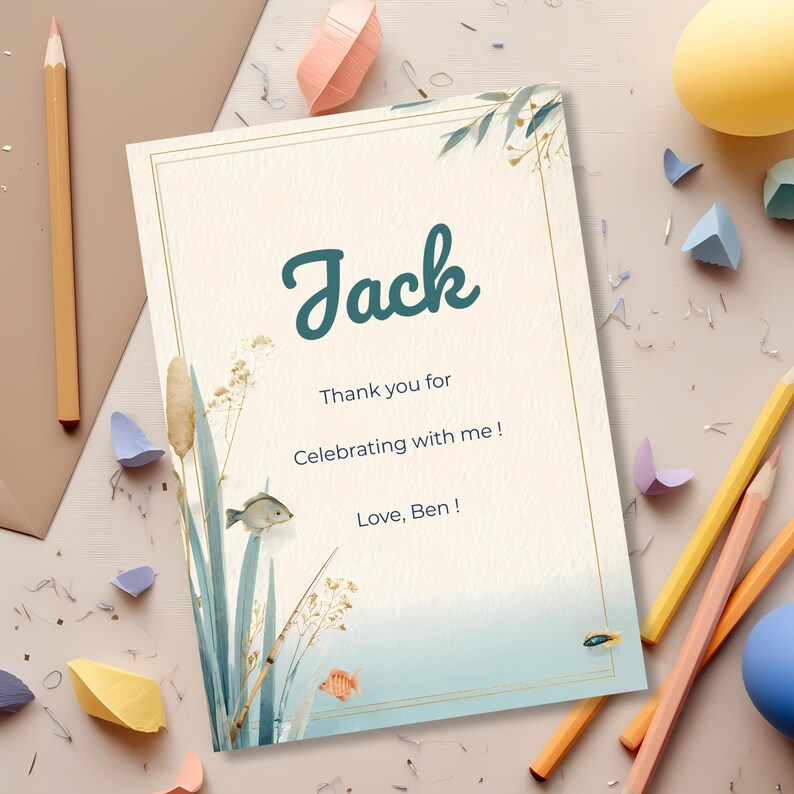 Neutral coastal Ofishally One birthday thank you card template featuring soft pastel tones and fishing themed elements