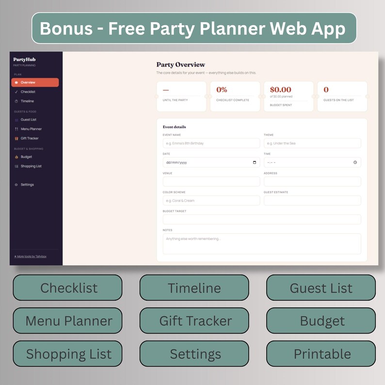 Free bonus party planner web app dashboard included with Christmas Open House invitation, party planning tool