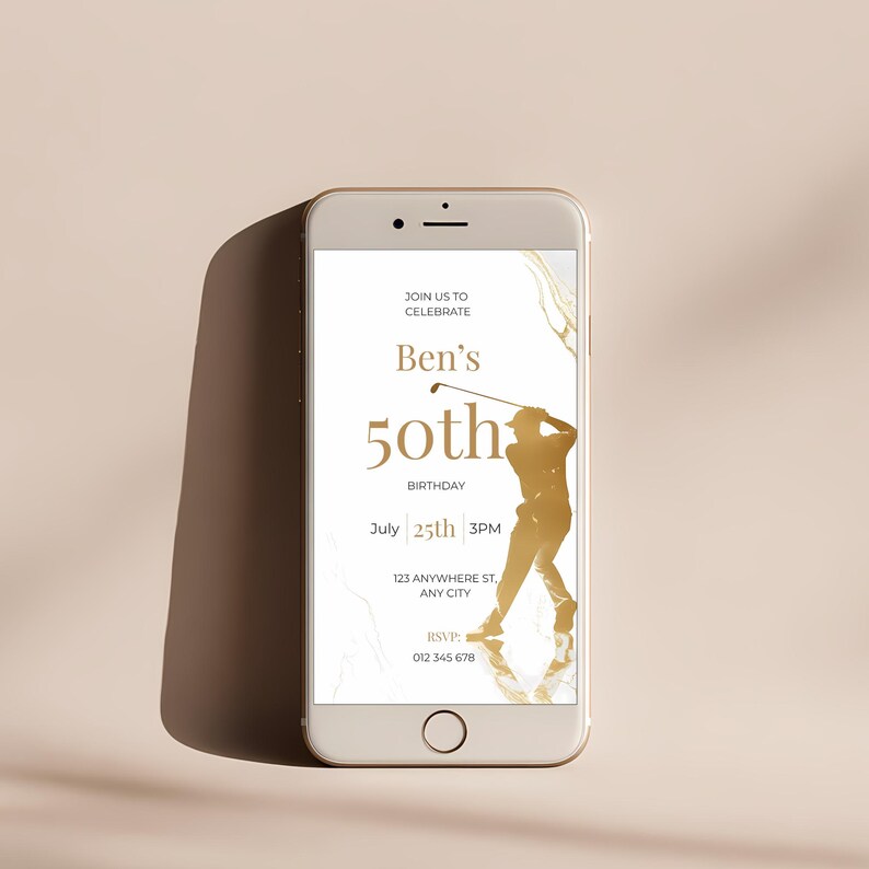 Editable elegant mens birthday invitation showing gold golfer silhouette on phone screen