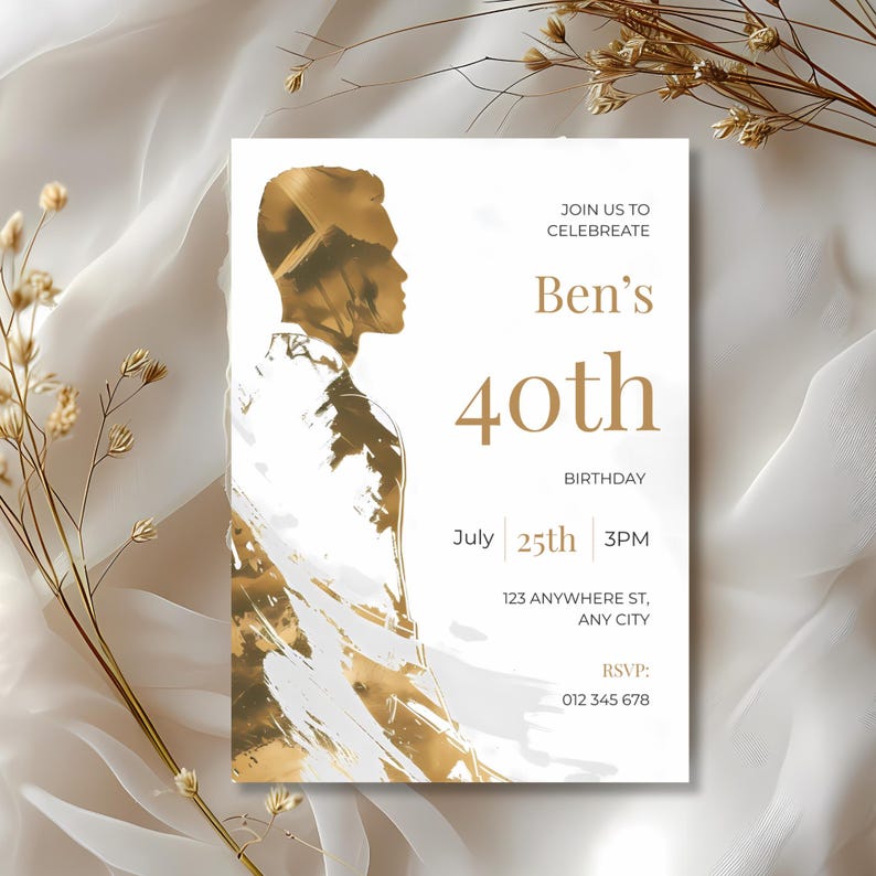Elegant mens birthday invitation template with gold minimalist male silhouette and editable event details layout